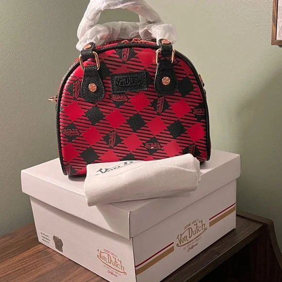 Von Dutch Red and Black Plaid Mini Dome Bag - Picture 7 of 7